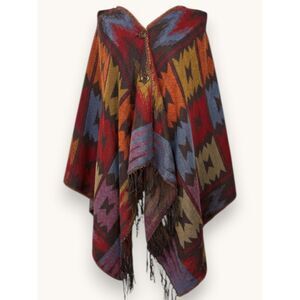 eUty Boho Hooded Cape Wrap Southwestern Geometric Fringe One Size